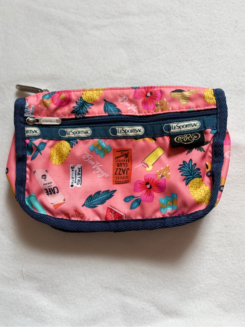 LeSportsac Travel Cosmetic zip pouch, pink with Navy trim- Tropical Voyage